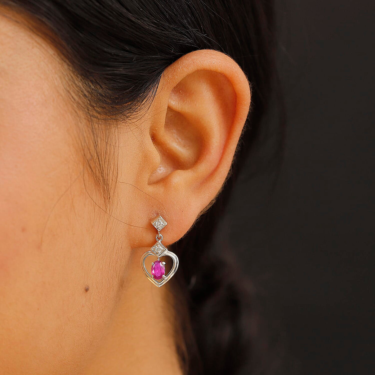 African Ruby &amp; White Zircon Solitaire Stud Push Back Earrings in Rhodium Overlay Sterling Silver 1.48 Ct. 8042118 3