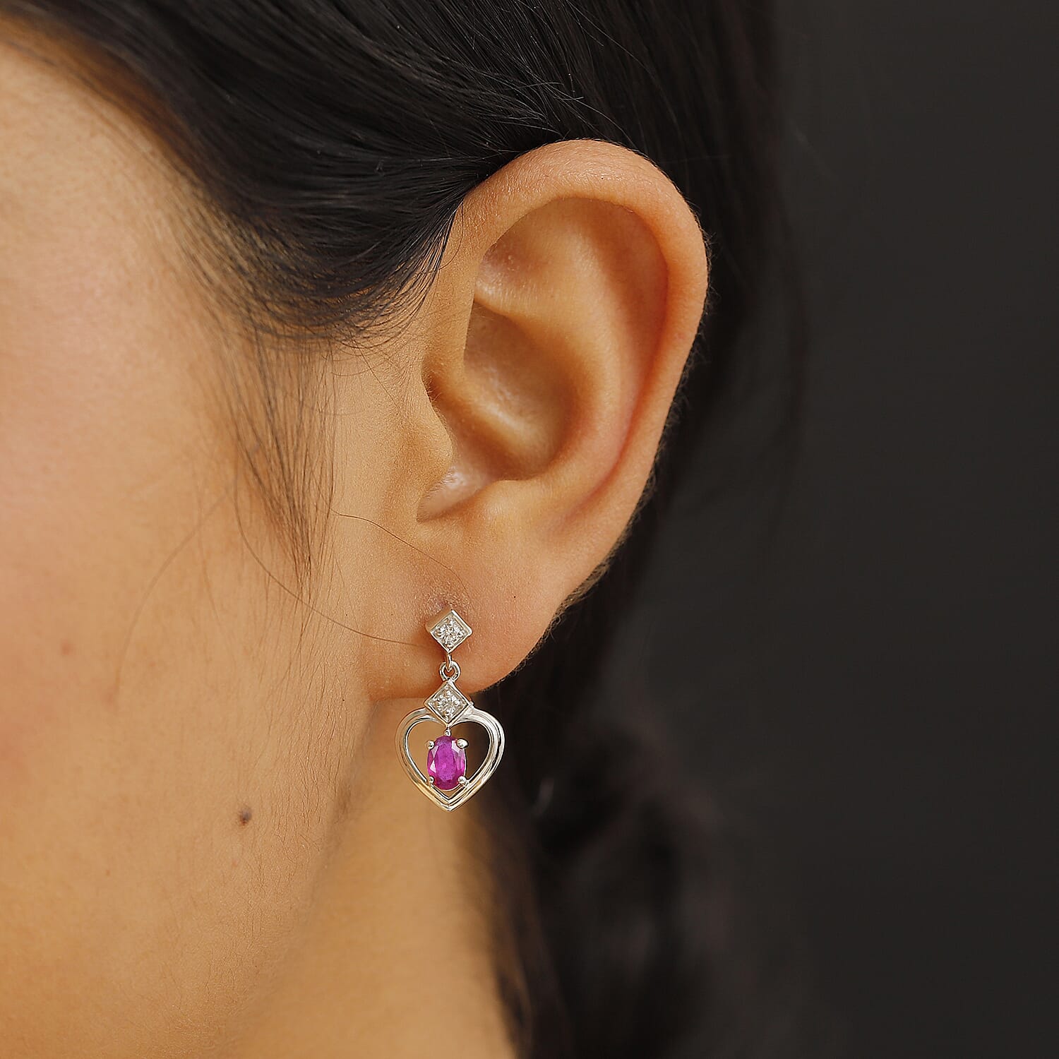 African Ruby &amp; White Zircon Solitaire Stud Push Back Earrings in Rhodium Overlay Sterling Silver 1.48 Ct. 8042118 3