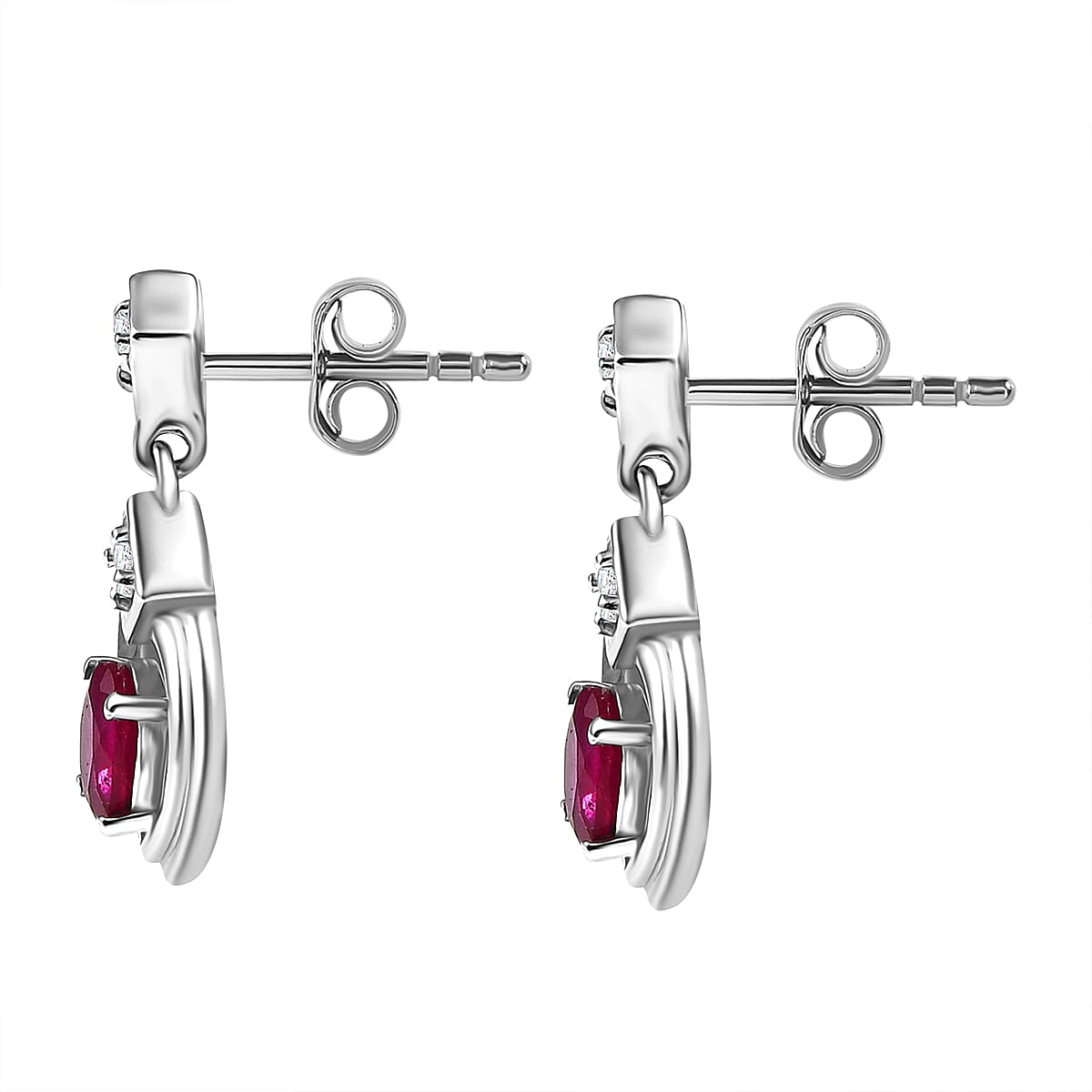 African Ruby &amp; White Zircon Solitaire Stud Push Back Earrings in Rhodium Overlay Sterling Silver 1.48 Ct. 8042118 4