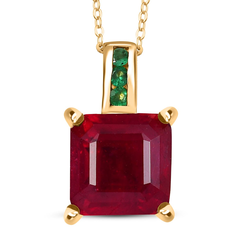 African Ruby & Zambian Emerald Pendant with Chain (Size 20) in 18K Vermeil Yellow Gold Plated Sterling Silver 8.03 Ct.
