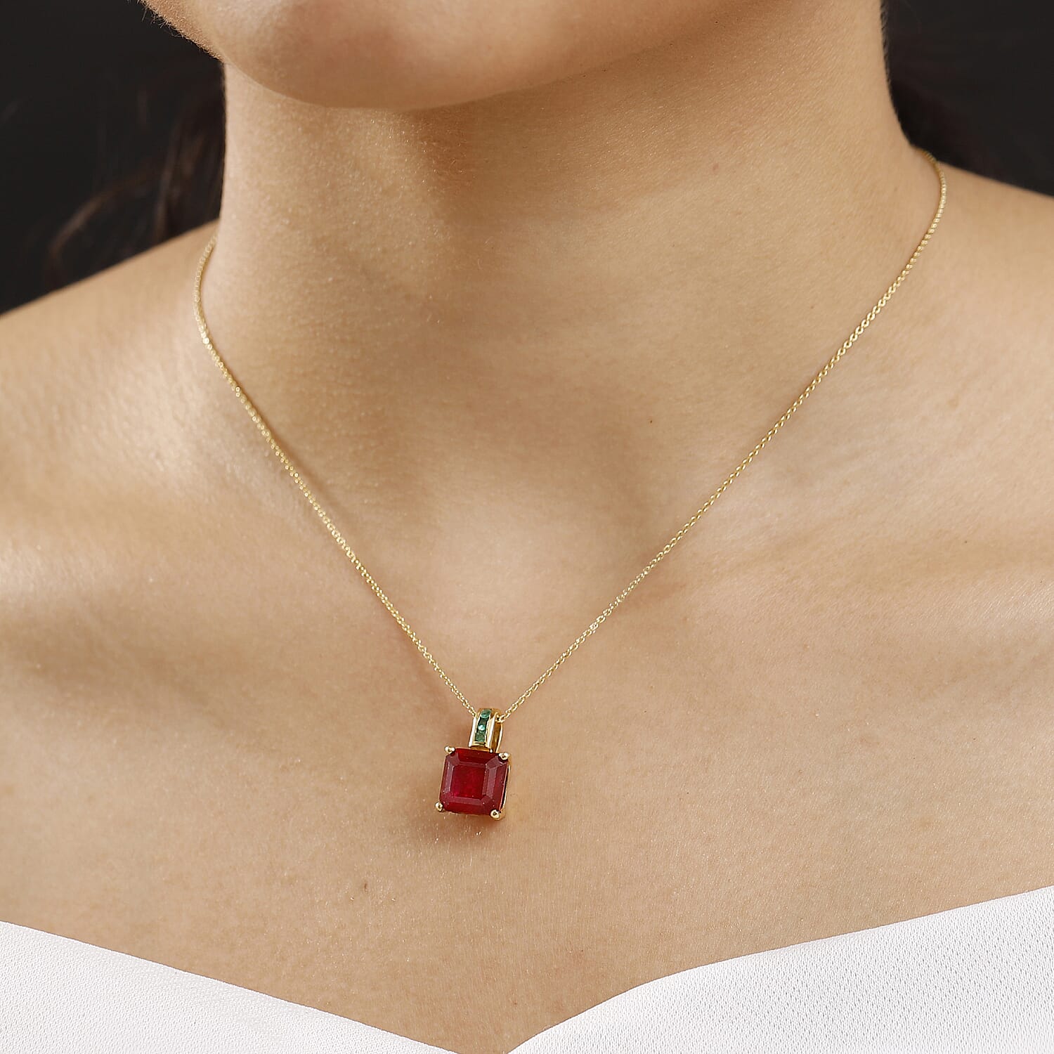 African Ruby and Zambian Emerald Pendant with Chain (Size 20) in 18K Vermeil Yellow Gold Plated Sterling Silver 8.03 Ct. 4340129 2