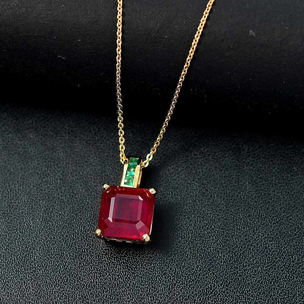 African Ruby & Zambian Emerald Pendant with Chain (Size 20) in 18K Vermeil Yellow Gold Plated Sterling Silver 8.03 Ct.