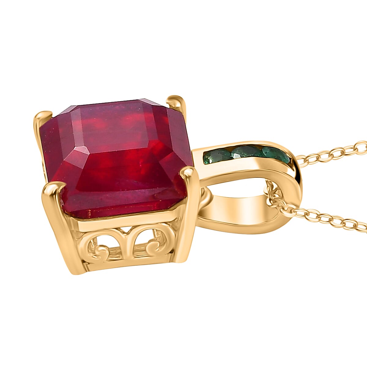 African Ruby and Zambian Emerald Pendant with Chain (Size 20) in 18K Vermeil Yellow Gold Plated Sterling Silver 8.03 Ct. 4340129 4