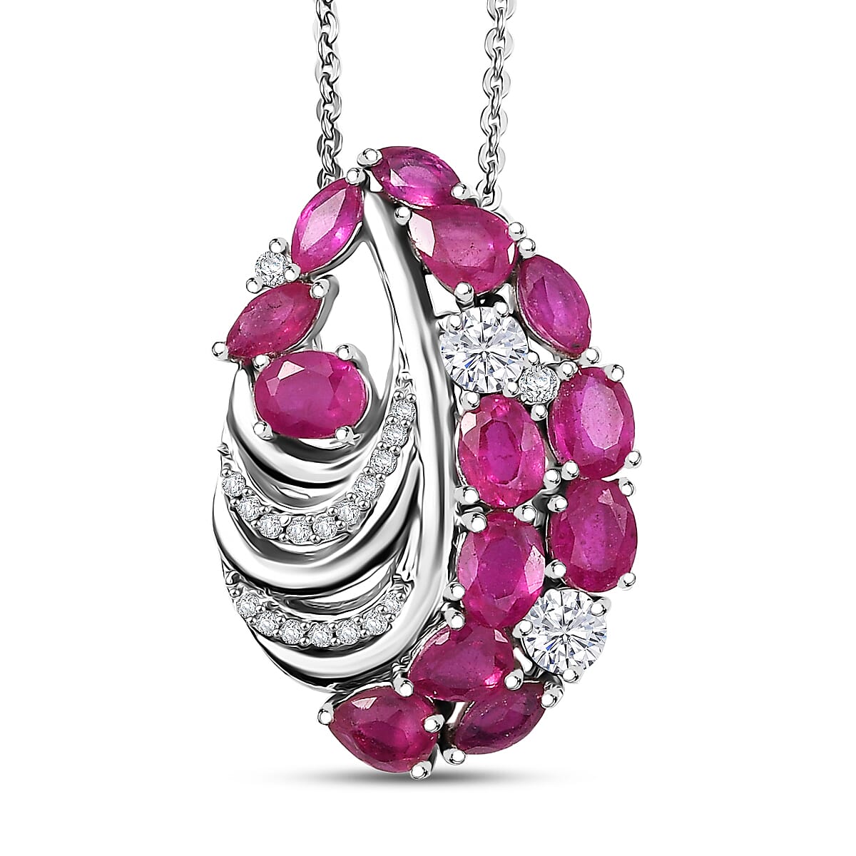 D'Joy African Ruby, Zircon Statement Pendant with Chain (Size 20) in Rhodium Overlay Sterling Silver 4402474 0