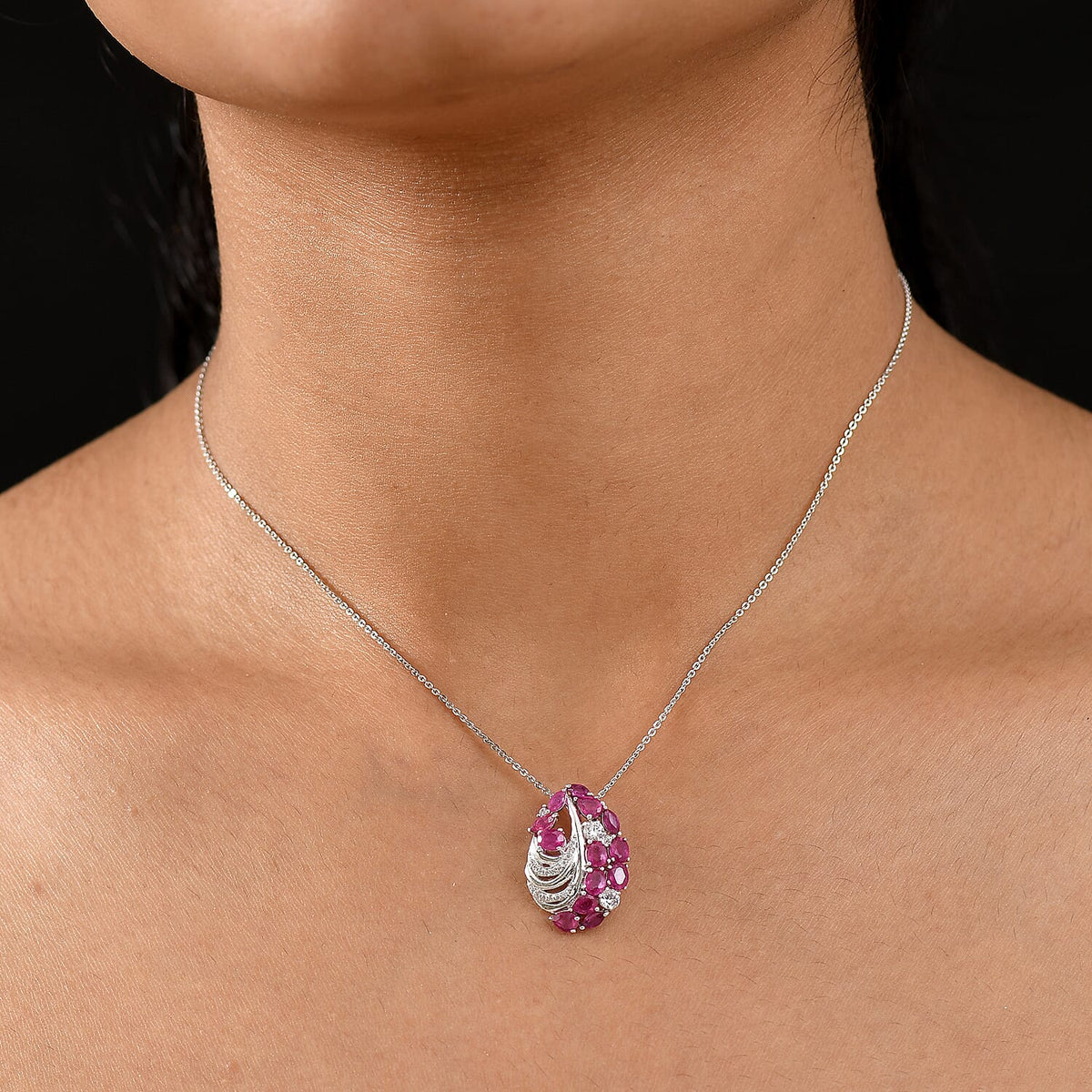 D'Joy African Ruby, Zircon Statement Pendant with Chain (Size 20) in Rhodium Overlay Sterling Silver 4402474 2
