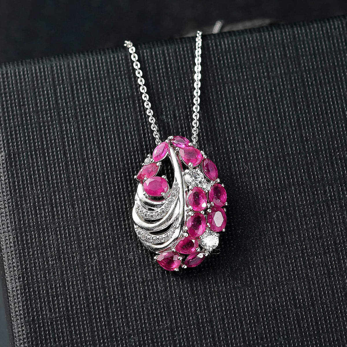 D'Joy African Ruby, Zircon Statement Pendant with Chain (Size 20) in Rhodium Overlay Sterling Silver 4402474 3