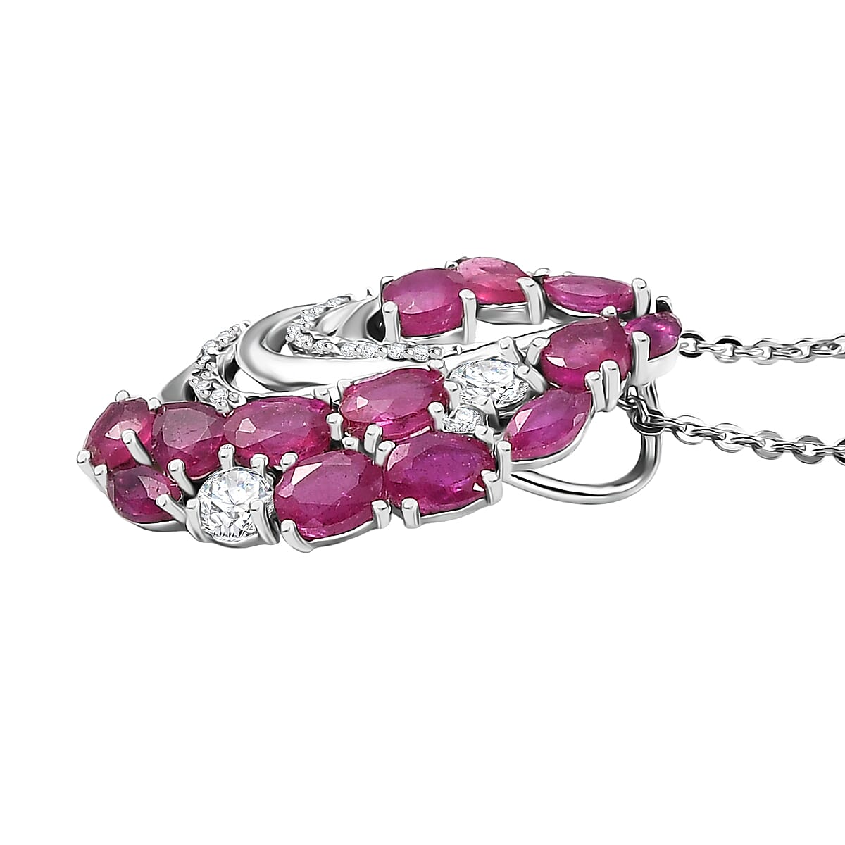 D'Joy African Ruby, Zircon Statement Pendant with Chain (Size 20) in Rhodium Overlay Sterling Silver 4402474 4