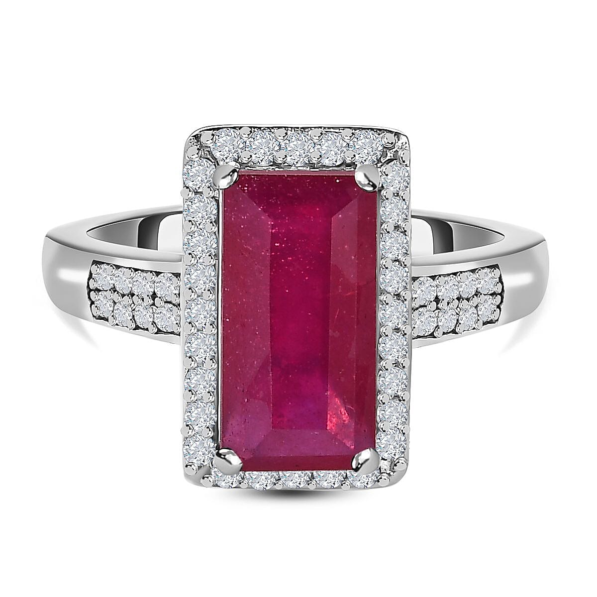 African Ruby and Moissanite Halo Ring in Platinum Overlay Sterling Silver 4.70 Ct. 7160040 0
