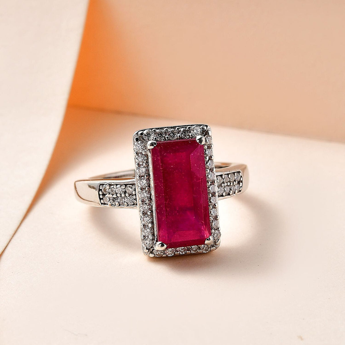 African Ruby and Moissanite Halo Ring in Platinum Overlay Sterling Silver 4.70 Ct. 7160040 1