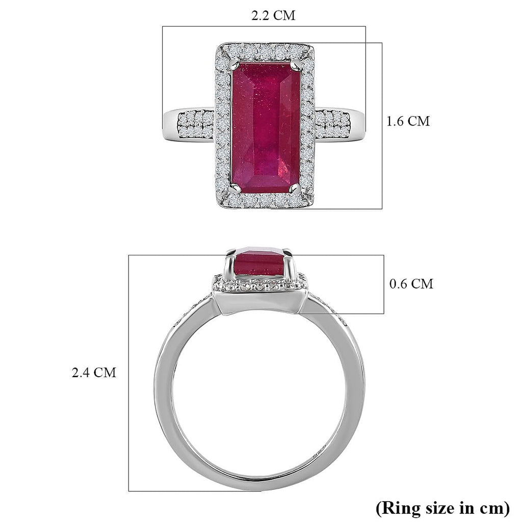African Ruby and Moissanite Halo Ring in Platinum Overlay Sterling Silver 4.70 Ct.