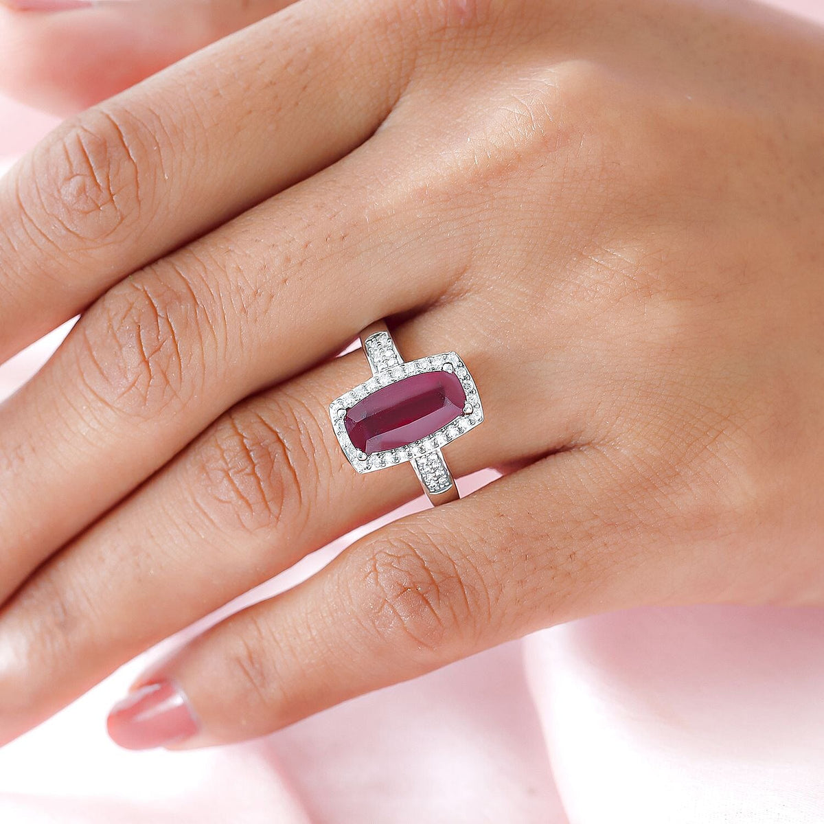 African Ruby and Moissanite Ring in Platinum Overlay Sterling Silver 3.45 Ct 7160083 3