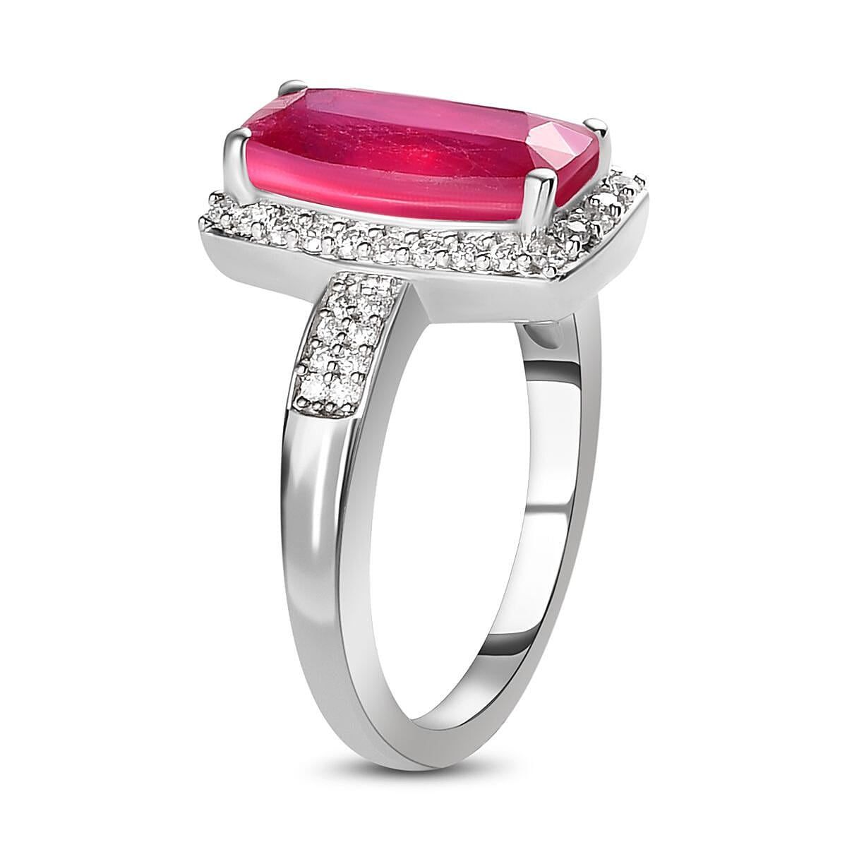 African Ruby and Moissanite Ring in Platinum Overlay Sterling Silver 3.45 Ct 7160083 4