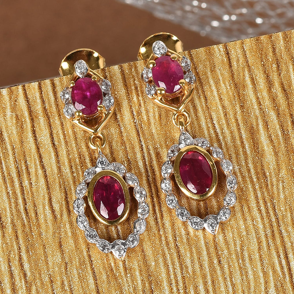 African Ruby and Natural Cambodian Zircon Dangle Earrings (with Push Back) in 14K Gold Overlay Sterling Silver 2.27 Ct.