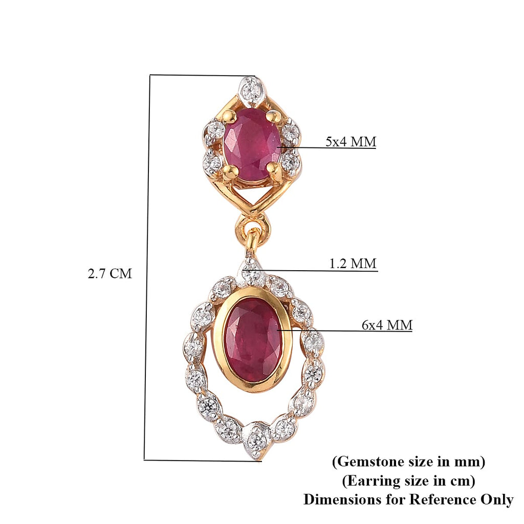 African Ruby and Natural Cambodian Zircon Dangle Earrings (with Push Back) in 14K Gold Overlay Sterling Silver 2.27 Ct.