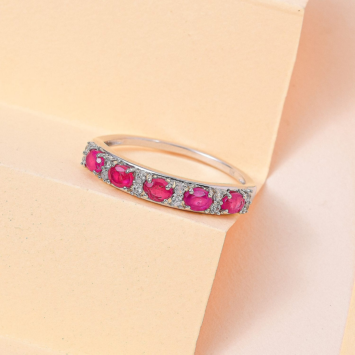 African Ruby (FF) and Natural Zircon Half- Eternity Band Ring in Platinum Overlay Sterling Silver 1.53 Ct. 7471594 3
