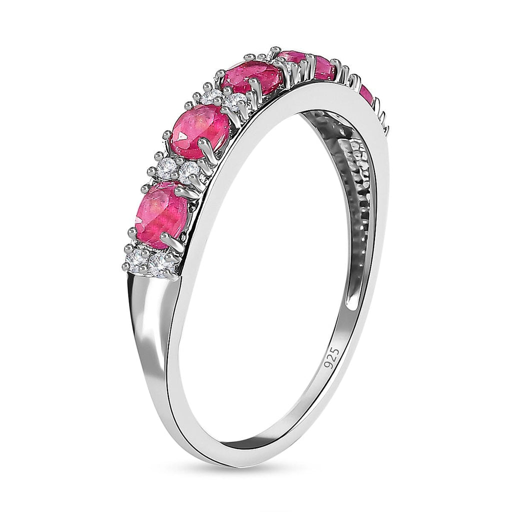 African Ruby (FF) and Natural Zircon Half- Eternity Band Ring in Platinum Overlay Sterling Silver 1.53 Ct.