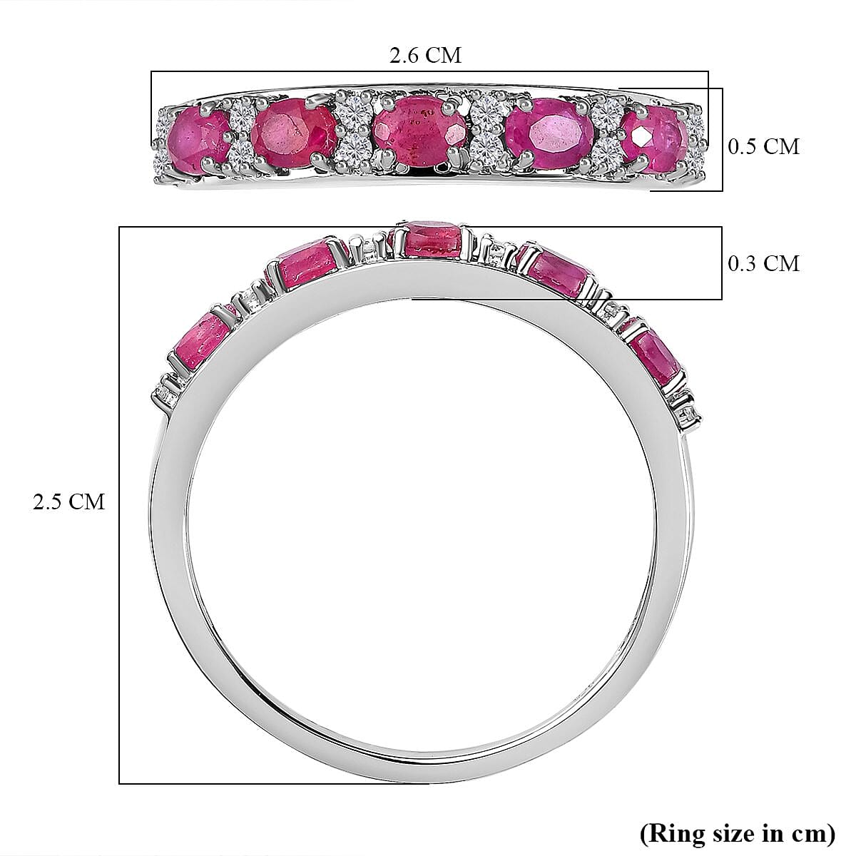 African Ruby (FF) and Natural Zircon Half- Eternity Band Ring in Platinum Overlay Sterling Silver 1.53 Ct. 7471594 11