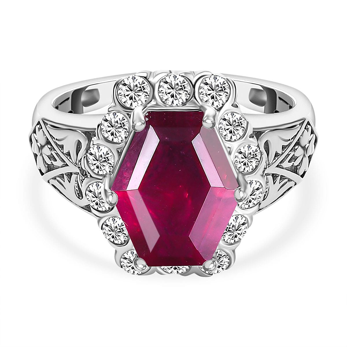 African Ruby and Natural Zircon Halo Ring in Platinum Overlay Sterling Silver 6.16 Ct. 7263106 0