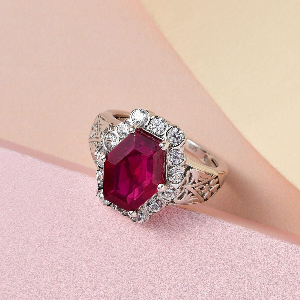African Ruby and Natural Zircon Halo Ring in Platinum Overlay Sterling Silver 6.16 Ct. 7263106 2