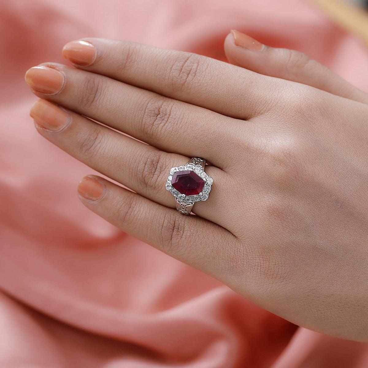African Ruby and Natural Zircon Halo Ring in Platinum Overlay Sterling Silver 6.16 Ct. 7263106 4