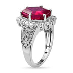 African Ruby and Natural Zircon Halo Ring in Platinum Overlay Sterling Silver 6.16 Ct.