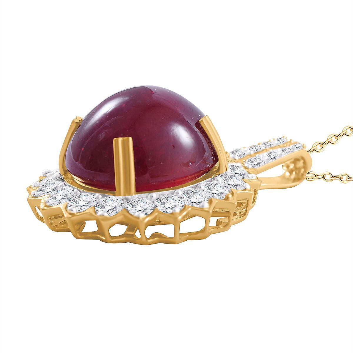 African Ruby and Natural Zircon Pendant with Chain (Size 20) in 18K Yellow Gold Overlay Sterling Silver 34.50 Ct. (Outer Diamention 36.45x24.85mm). 4130805 4