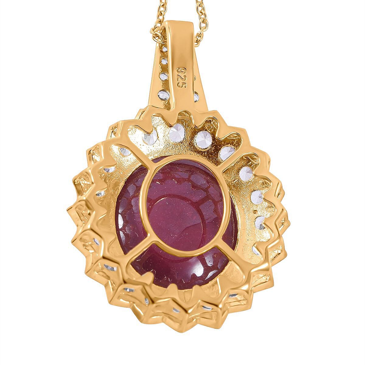 African Ruby and Natural Zircon Pendant with Chain (Size 20) in 18K Yellow Gold Overlay Sterling Silver 34.50 Ct. (Outer Diamention 36.45x24.85mm). 4130805 5
