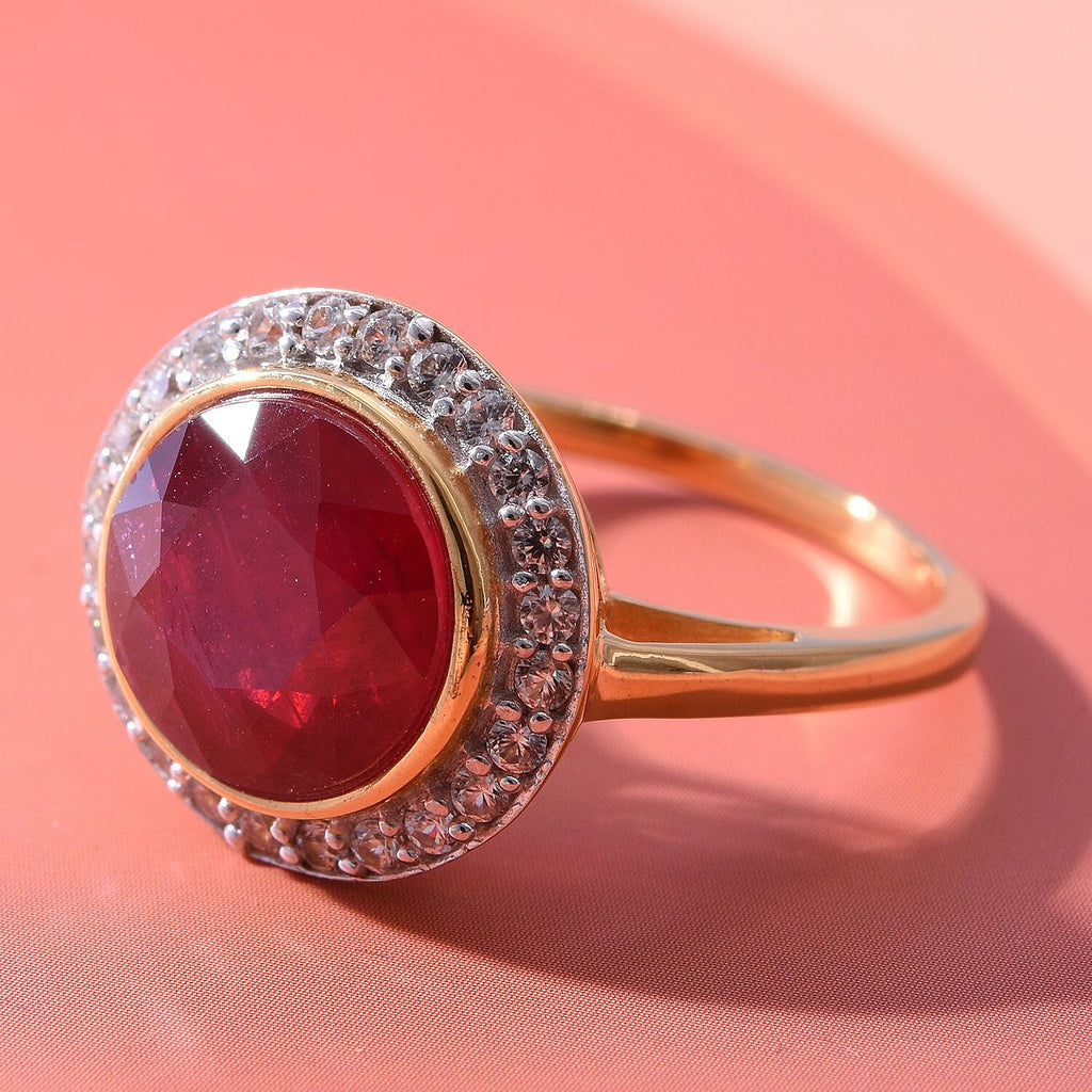 African Ruby and Natural Zircon Ring in 18K Yellow Gold Vermeil Plated Sterling Silver 5.16 Ct.
