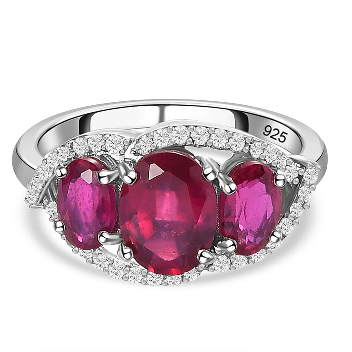 African Ruby and Natural Zircon Trilogy Ring in Platinum Overlay Sterling Silver 7341877 1