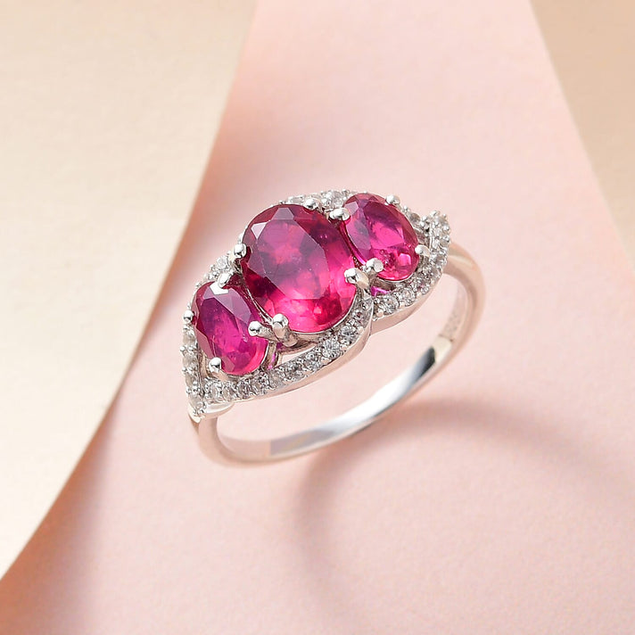African Ruby and Natural Zircon Trilogy Ring in Platinum Overlay Sterling Silver 7341877 2
