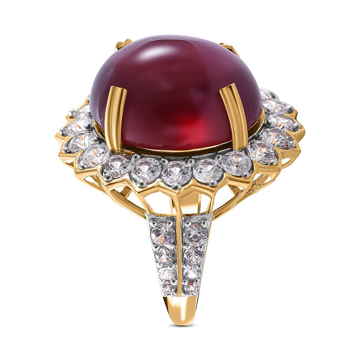 African Ruby and Natural Cambodian Zircon Ring in 18K YG Plated Sterling Silver 34.50 Ct, Silver Wt. 6.18 Gms. 7337420 7