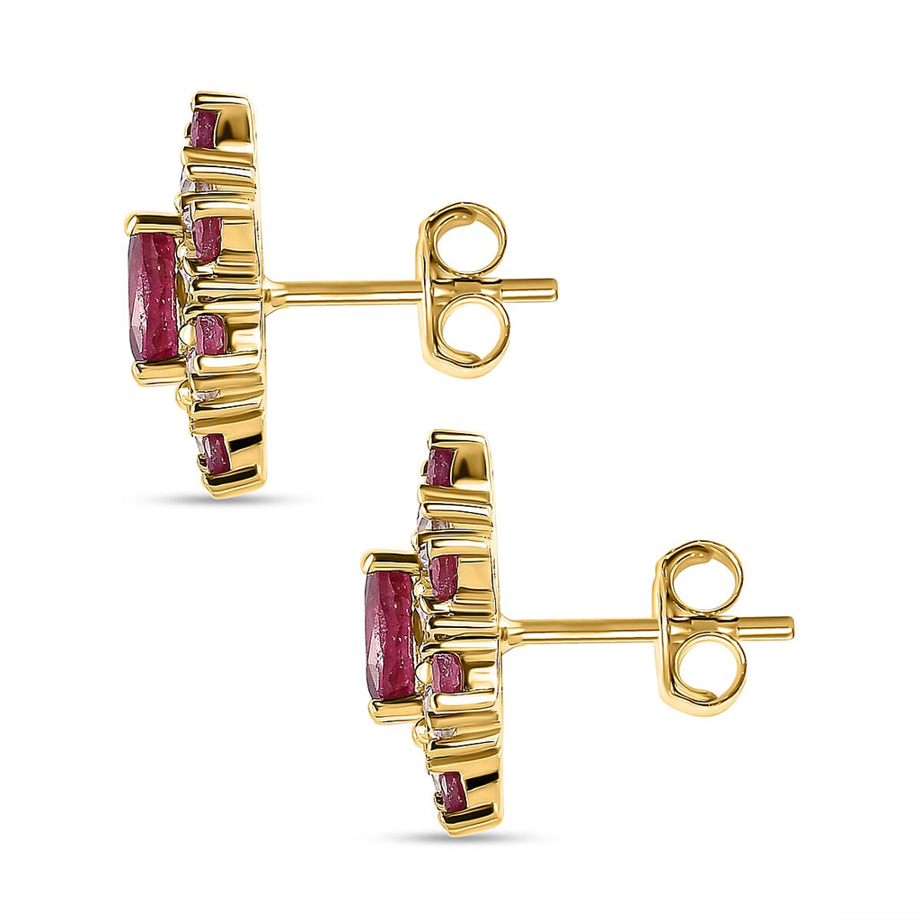Niassa Ruby and Natural Zircon Cluster Stud Earrings in 18K Yellow Gold Vermeil Plated Sterling Silver 2.55 Ct