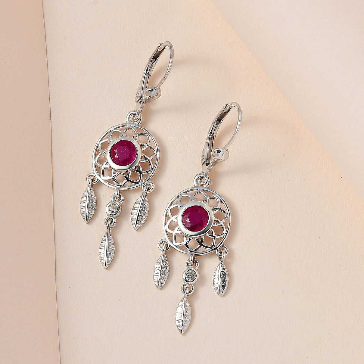 African Ruby and Natural Zircon Dream Catcher Earrings with Lever Back in Platinum Overlay Sterling Silver 1.60 Ct. 7560777 2