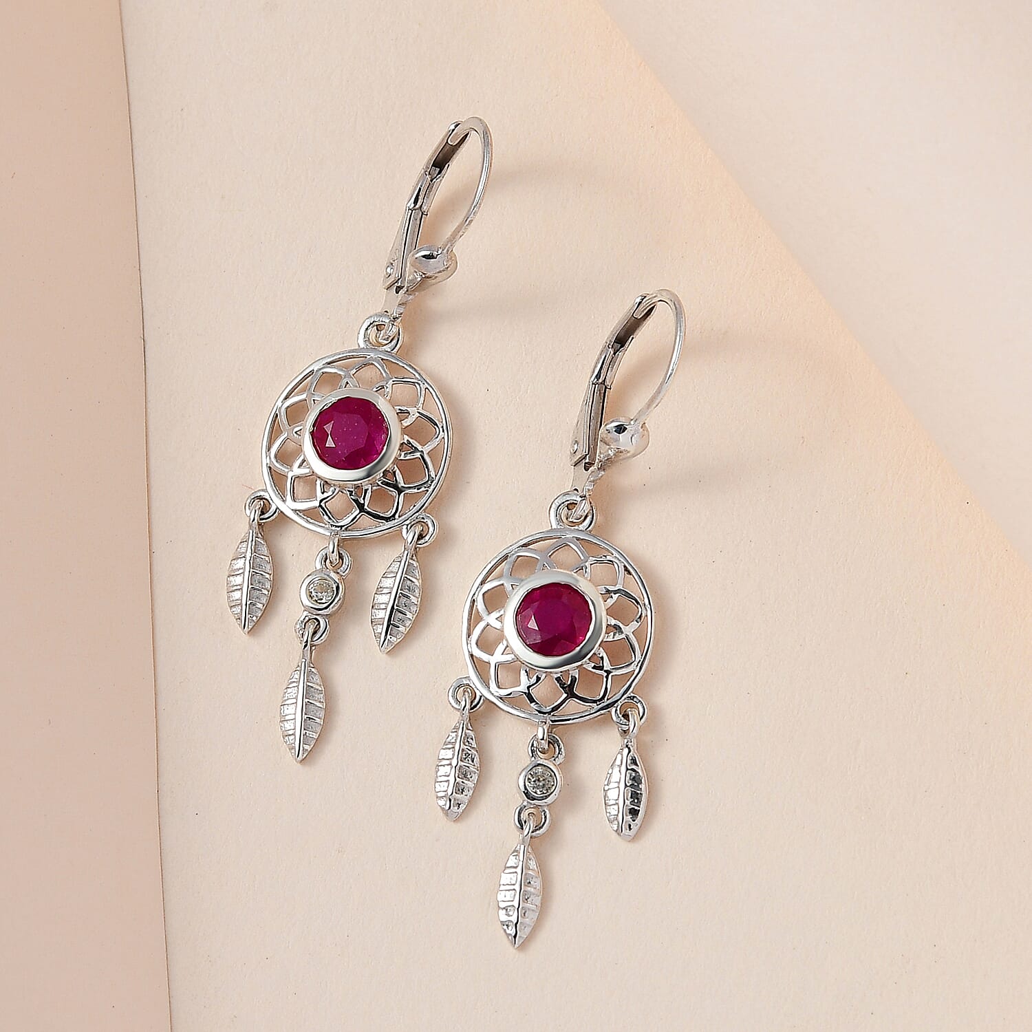 African Ruby and Natural Zircon Dream Catcher Earrings with Lever Back in Platinum Overlay Sterling Silver 1.60 Ct. 7560777 2