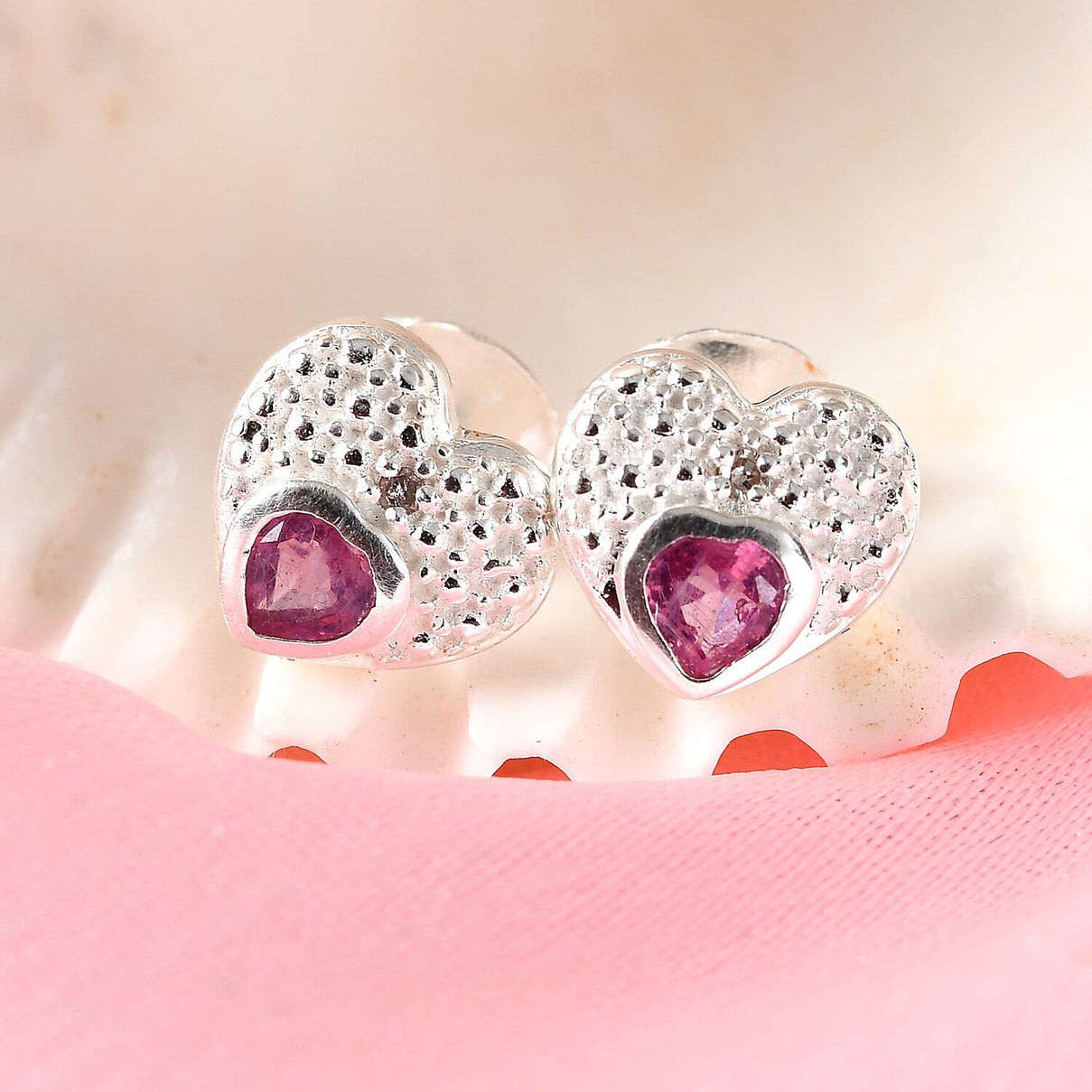 African Ruby and White Diamond Heart Stud Earrings in Sterling Silver 3730535 2