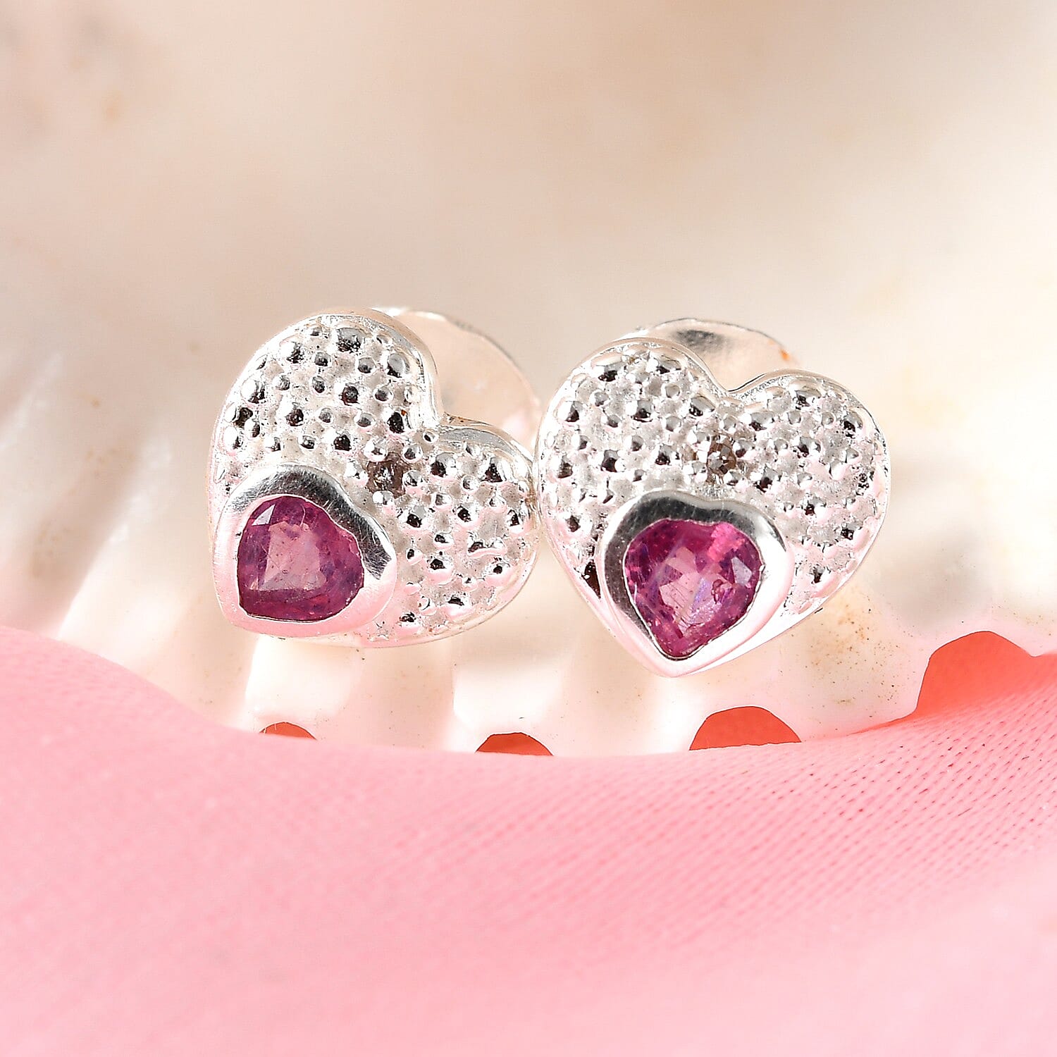 African Ruby and White Diamond Heart Stud Earrings in Sterling Silver 3730535 2