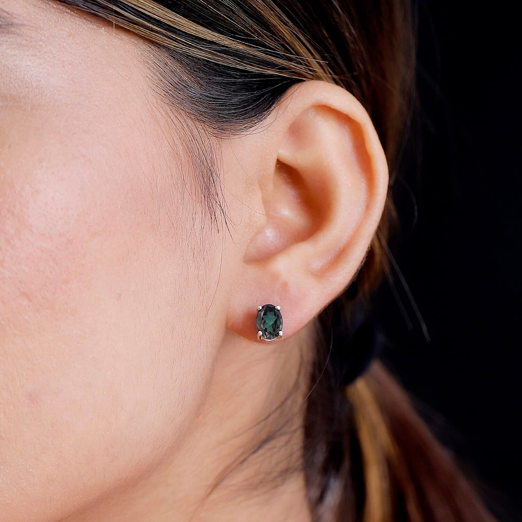 Alexandrite Triplet Quartz Earrings with Push Back in Rhodium Overlay Sterling Silver 2.92 Ct.