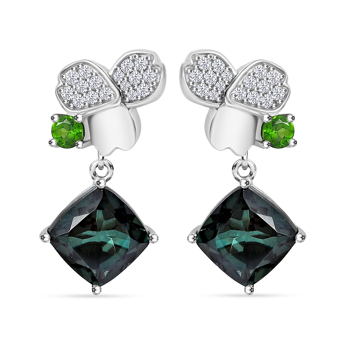 Alexandrite Triplet Quartz, Natural Chrome Diopside, White Zircon Honey Bee Drop Earrings in Rhodium Overlay Sterling Silver 7957528 0