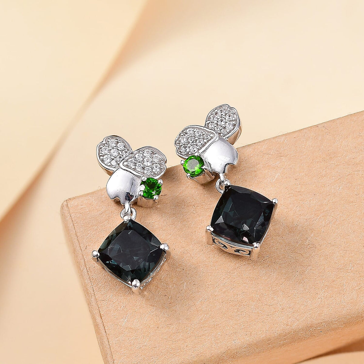 Alexandrite Triplet Quartz, Natural Chrome Diopside, White Zircon Honey Bee Drop Earrings in Rhodium Overlay Sterling Silver 7957528 2