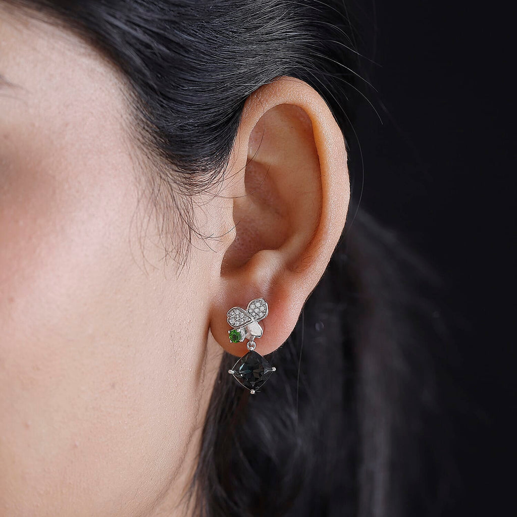 Alexandrite Triplet Quartz, Natural Chrome Diopside & White Zircon  Solitaire Stud Push Post Earring in Rhodium Overlay Sterling Silver 5.76 Ct.
