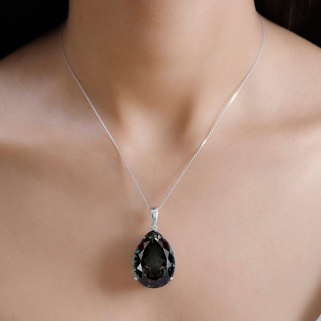 BIGGEST SIZE Alexandrite Triplet Quartz Pear Cut Solitaire Pendant with Chain (Size 20) in Rhodium Overlay Sterling Silver 50.00 Ct.