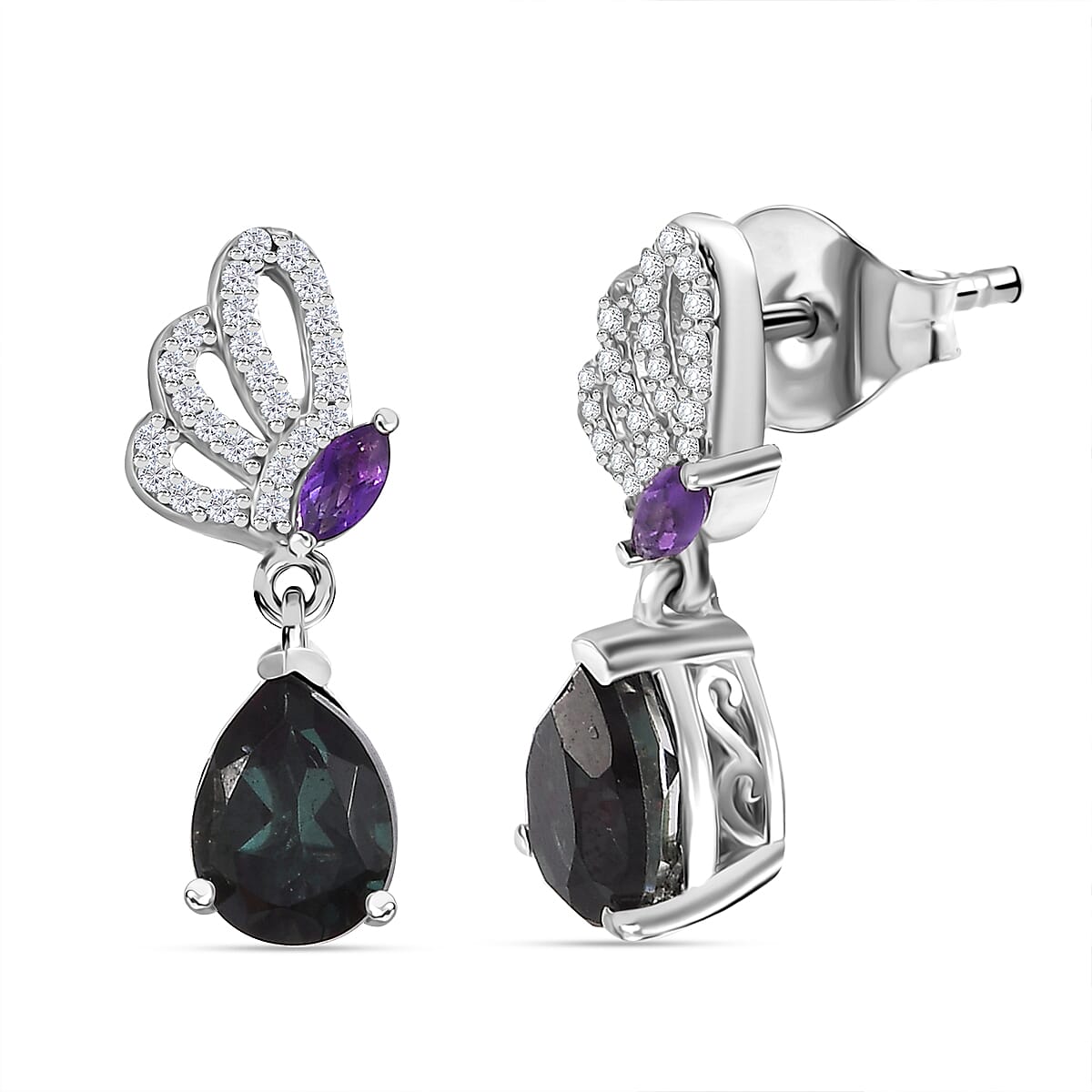 Alexandrite Triplet Quartz, White Zircon, African Amethyst Butterfly Drop Earrings in Rhodium Overlay Sterling Silver 7965853 0