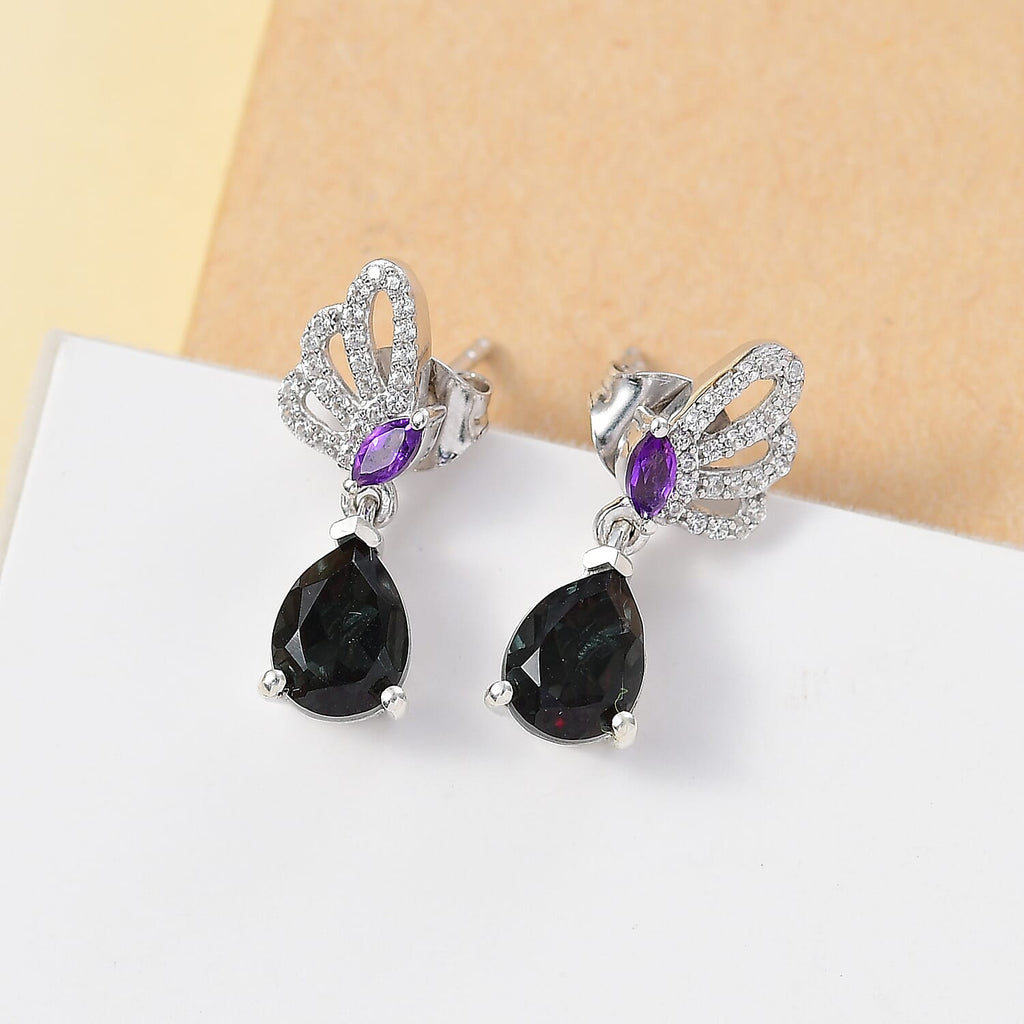 Alexandrite Triplet Quartz, White Zircon, African Amethyst Solitaire Stud Push Post Earring in Rhodium Overlay Sterling Silver 3.17 Ct.