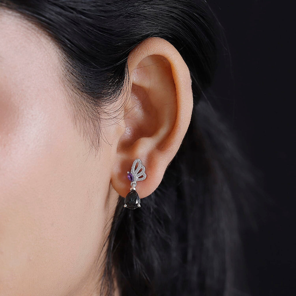 Alexandrite Triplet Quartz, White Zircon, African Amethyst Solitaire Stud Push Post Earring in Rhodium Overlay Sterling Silver 3.17 Ct.