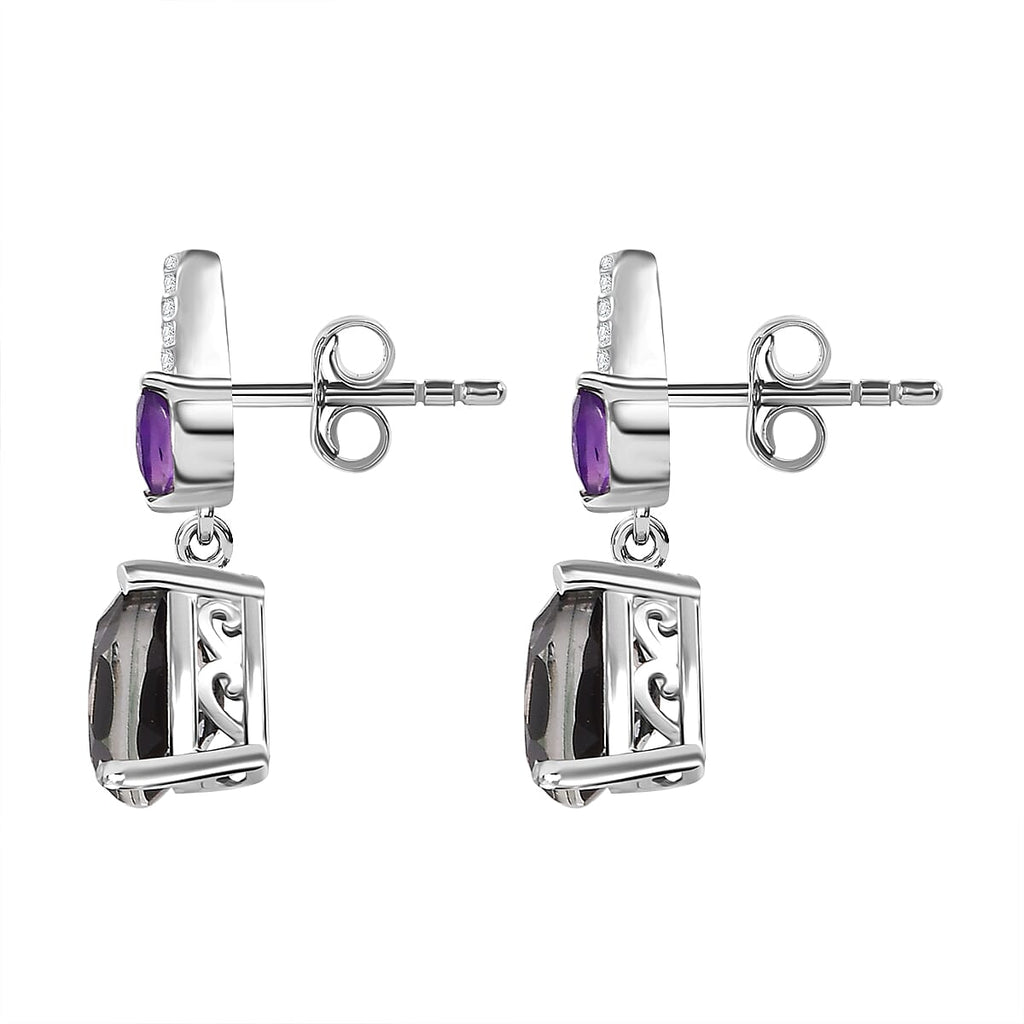Alexandrite Triplet Quartz, White Zircon, African Amethyst Solitaire Stud Push Post Earring in Rhodium Overlay Sterling Silver 3.17 Ct.