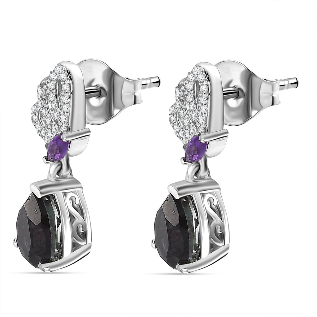 Alexandrite Triplet Quartz, White Zircon, African Amethyst Solitaire Stud Push Post Earring in Rhodium Overlay Sterling Silver 3.17 Ct.