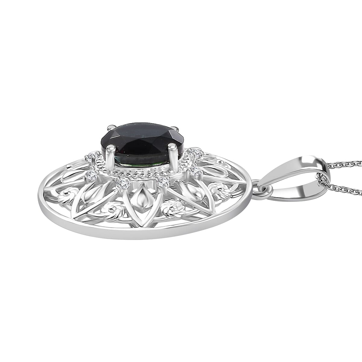 Alexandrite Triplet Quartz, White Zircon Floral Pendant with Chain (Size 20) in Rhodium Overlay Sterling Silver 4316960 4