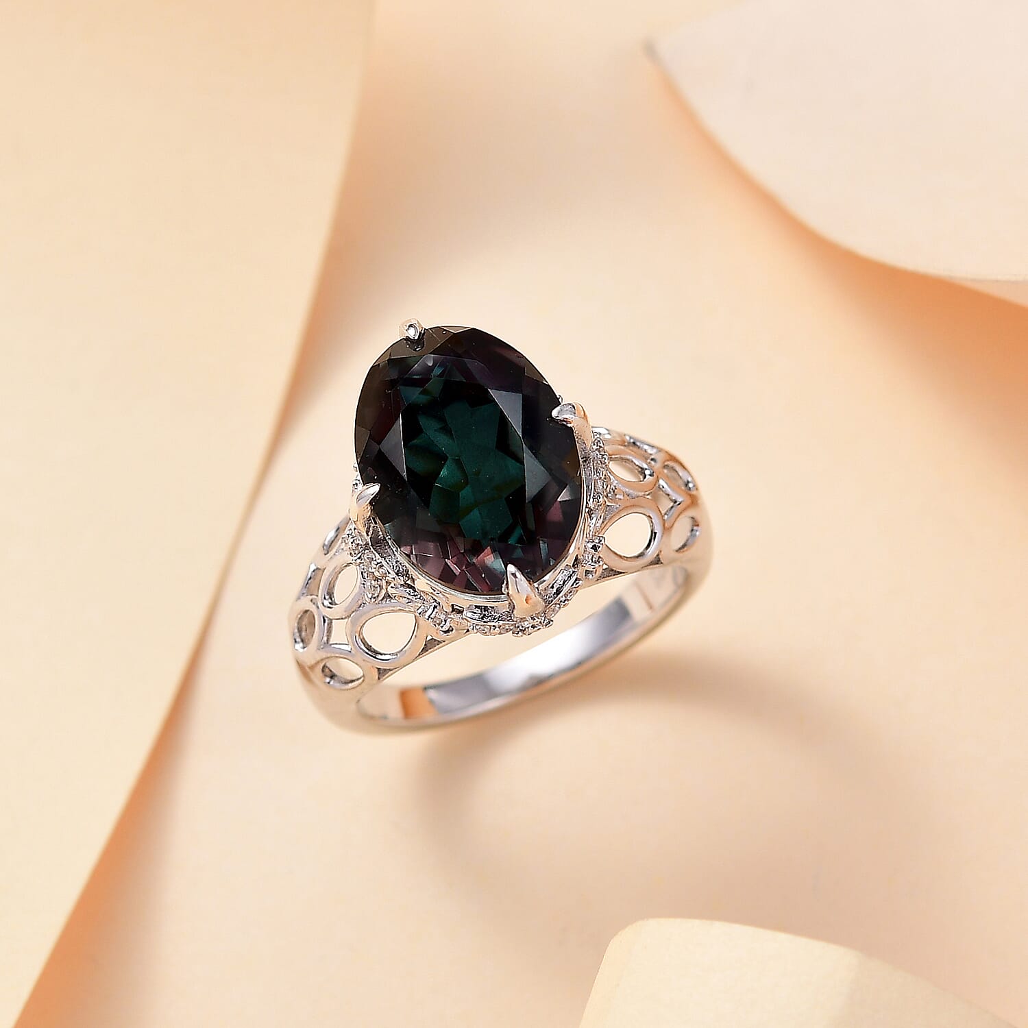 Alexandrite Triplet Quartz, White Zircon Ring in Rhodium Overlay Sterling Silver 7936071 2