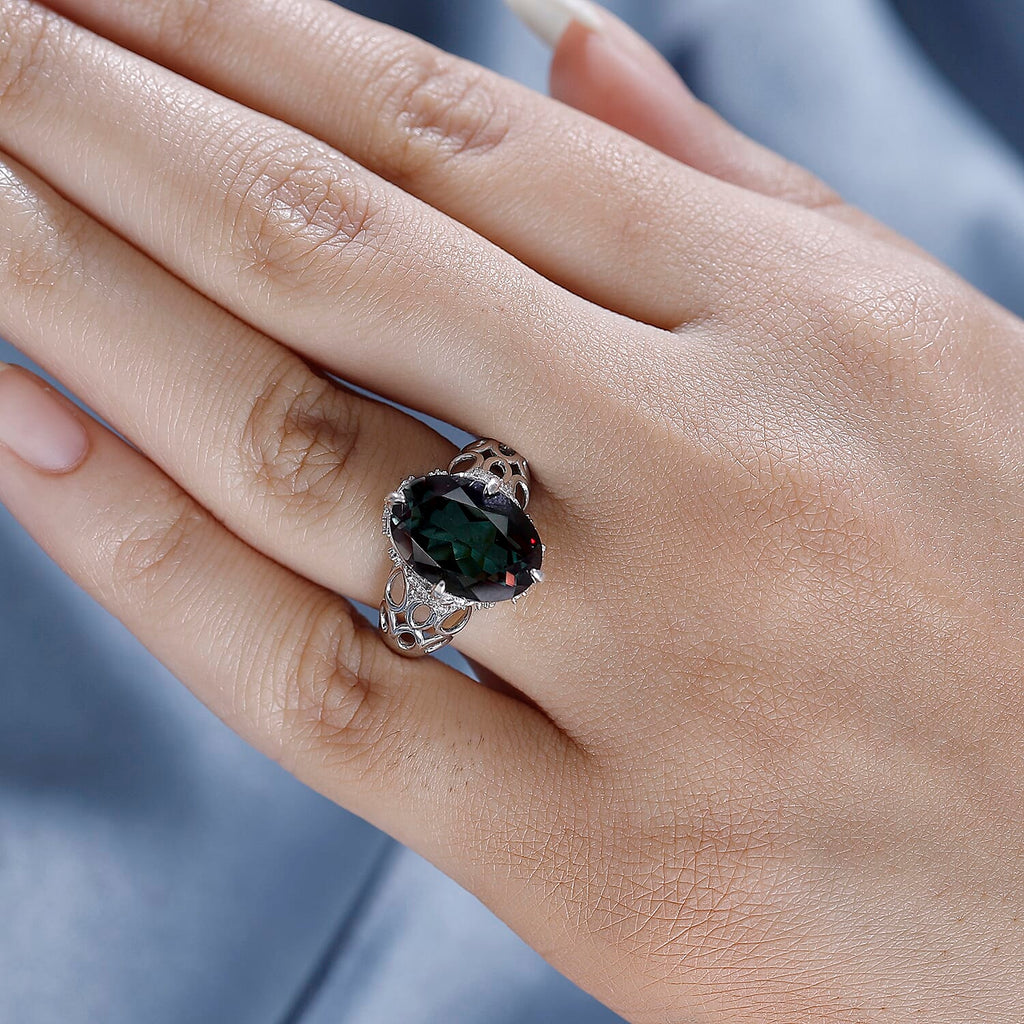 Alexandrite Triplet Quartz, White Zircon Cluster Ring in Rhodium Overlay Sterling Silver 6.53 Ct.