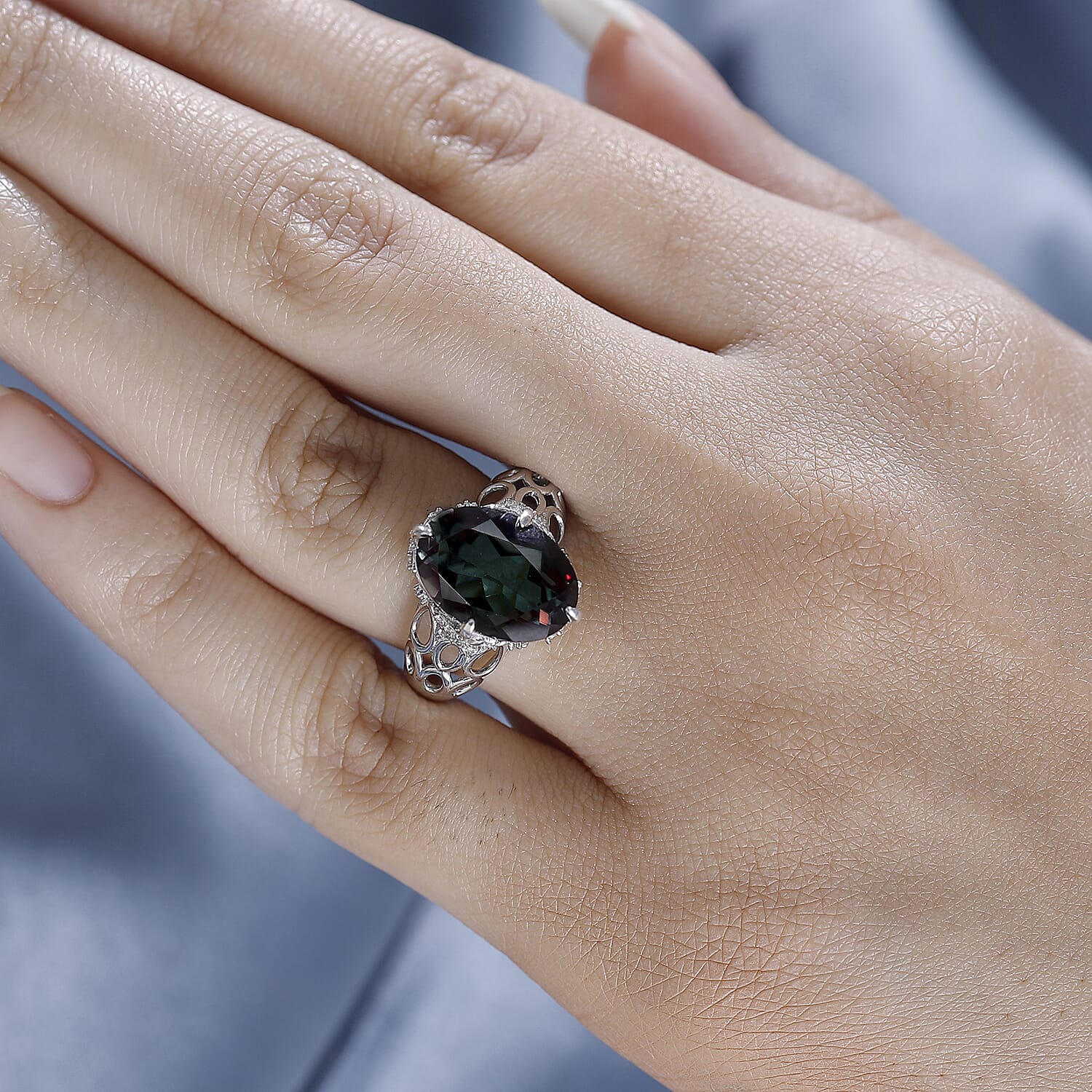 Alexandrite Triplet Quartz, White Zircon Ring in Rhodium Overlay Sterling Silver 7936071 3
